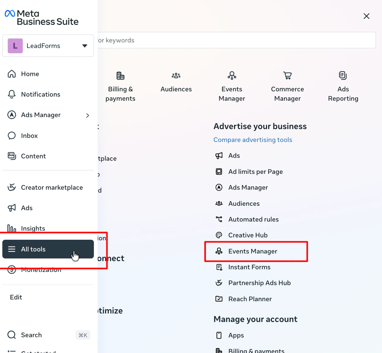 Меню Meta* Business Suite: пункт «All tools» и раздел «Events Manager»